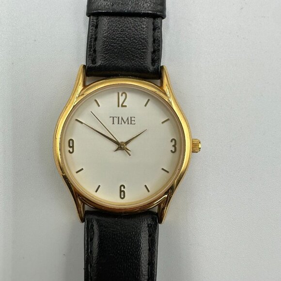 TIME Watch Men Gold Tone White Dial Black Leather Band 38MM Case New Battery 8" - Picture 1 of 10
